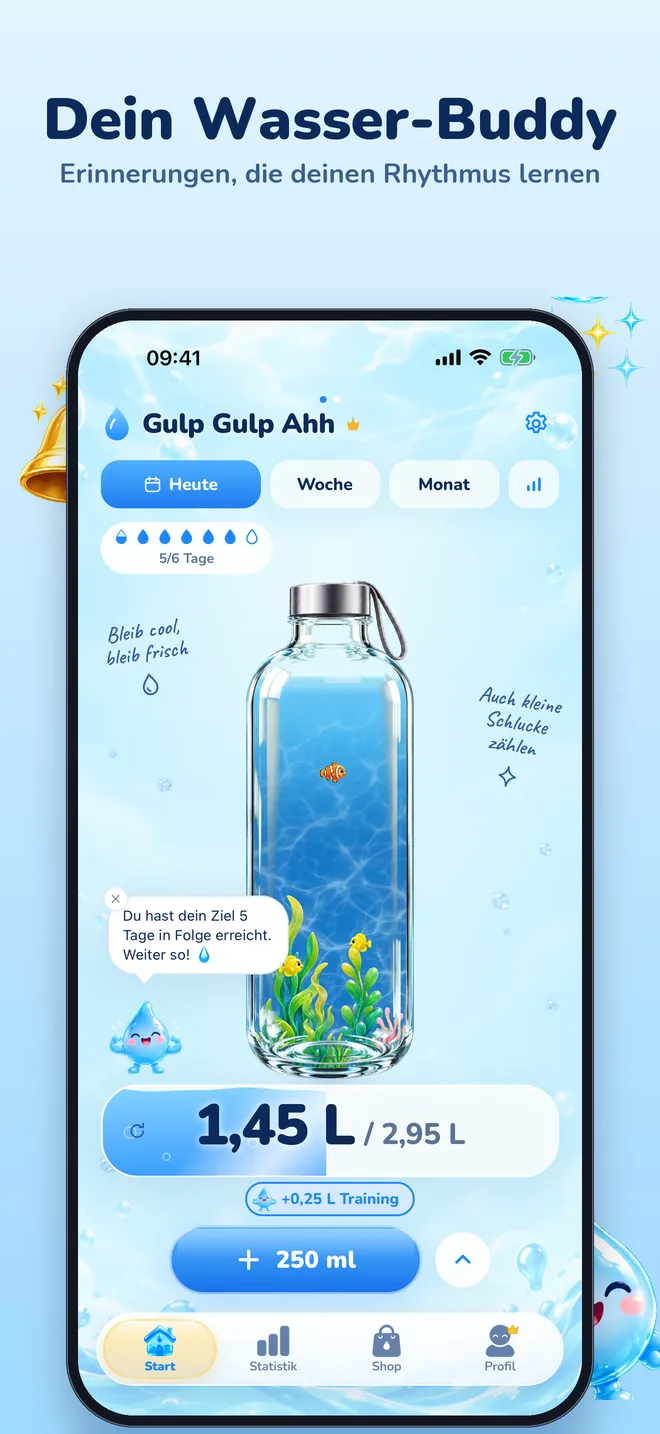 Der Startbildschirm von Gulp Gulp Ahh: eine Glasflasche mit Wasser, Fischen und Seegras und die heutige Trinkmenge