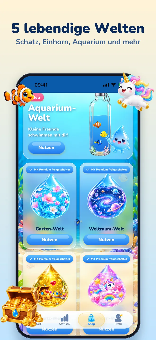 5 lebendige Welten: Aquarium, Garten, Weltraum, Schatz und Einhorn