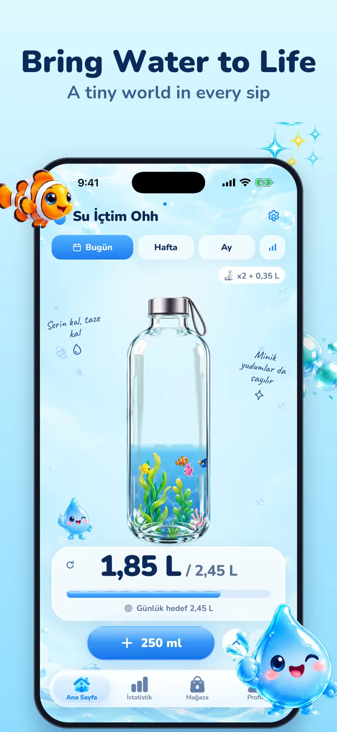 The Gulp Gulp Ahh home screen: a glass bottle filled with water, fish and seaweed, and today's total