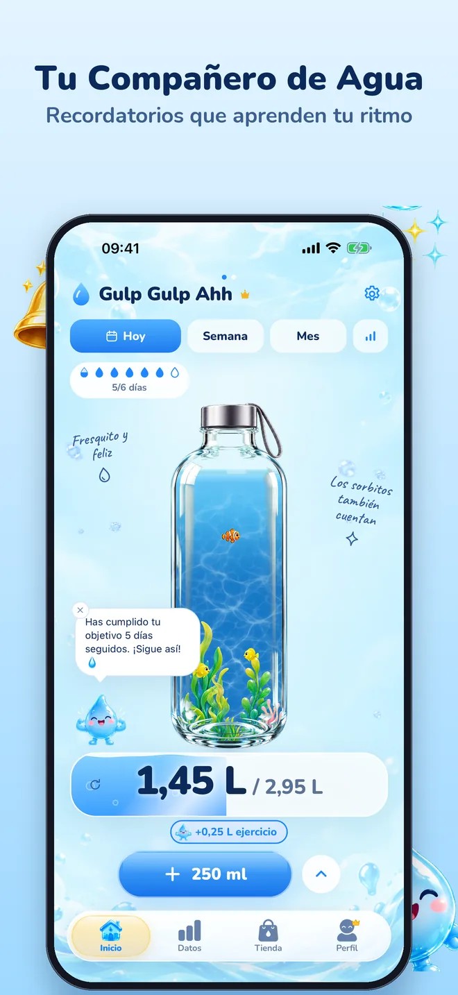 Pantalla de inicio de Gulp Gulp Ahh: una botella de vidrio con agua, peces y algas, y el total de hoy
