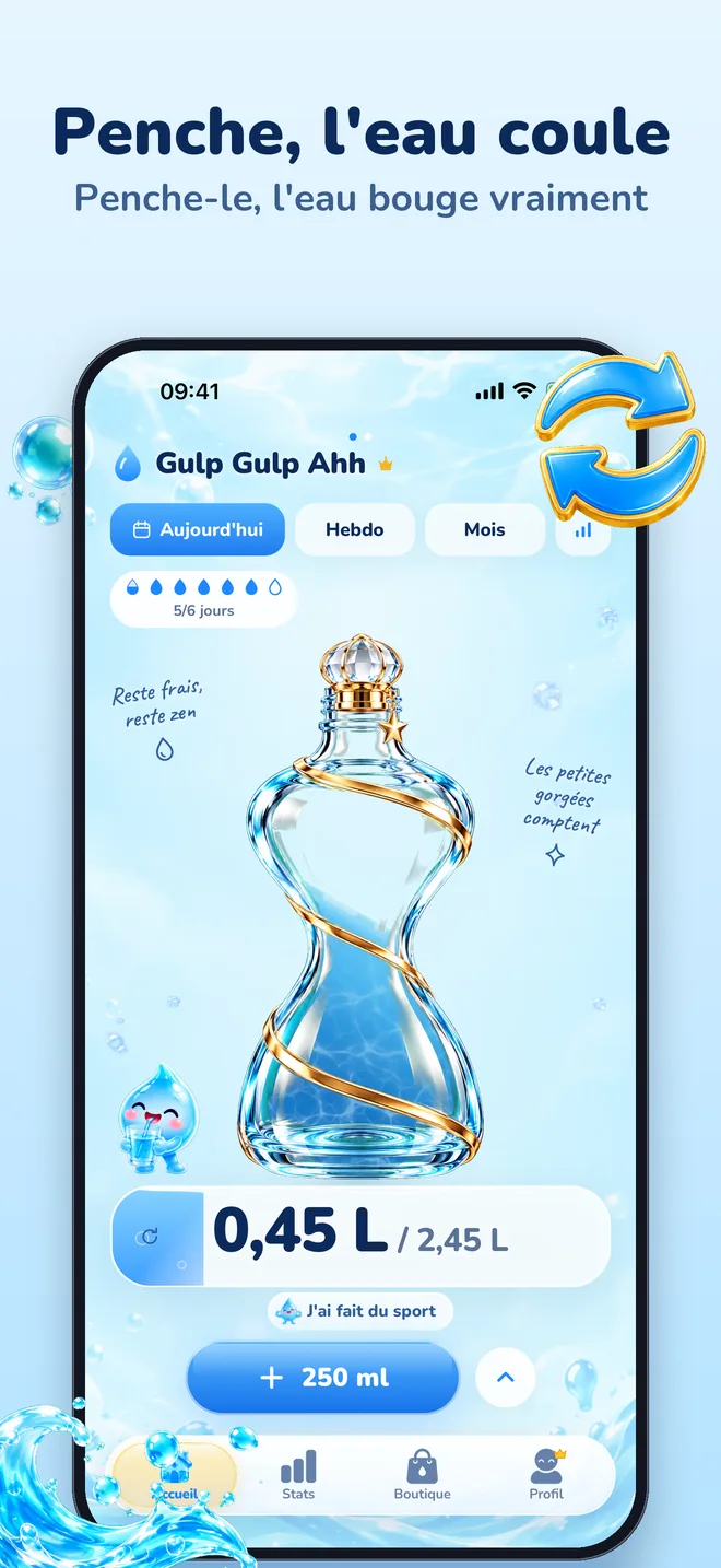 Penche, l'eau coule: l'eau de la bouteille bouge avec ton téléphone
