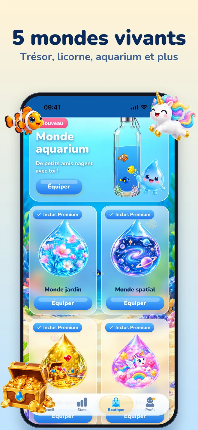 5 mondes vivants: aquarium, jardin, espace, trésor et licorne