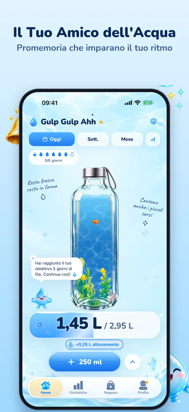 La schermata principale di Gulp Gulp Ahh: una bottiglia di vetro piena d'acqua, con pesci e alghe, e il totale di oggi