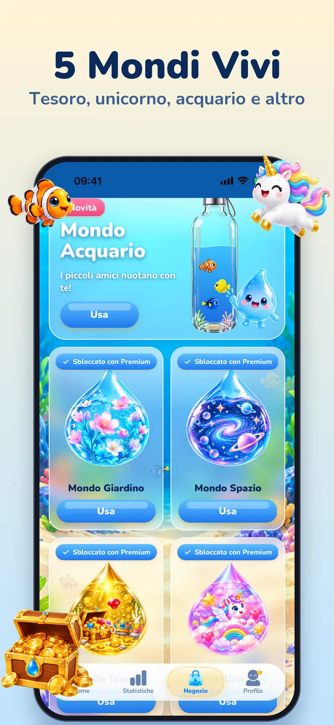 5 Mondi Vivi: acquario, giardino, spazio, tesoro e unicorno