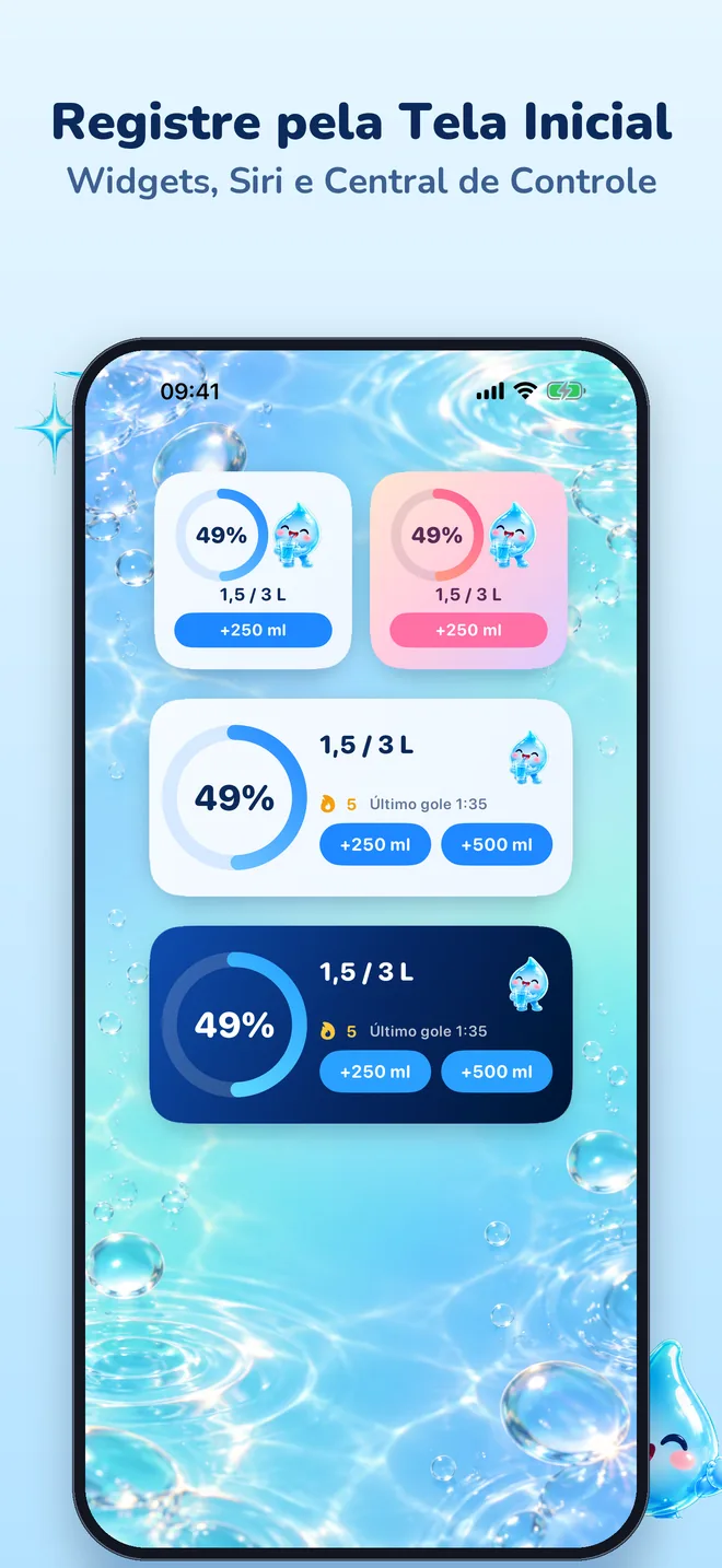 Registre pela Tela Inicial: widgets de água em vários estilos